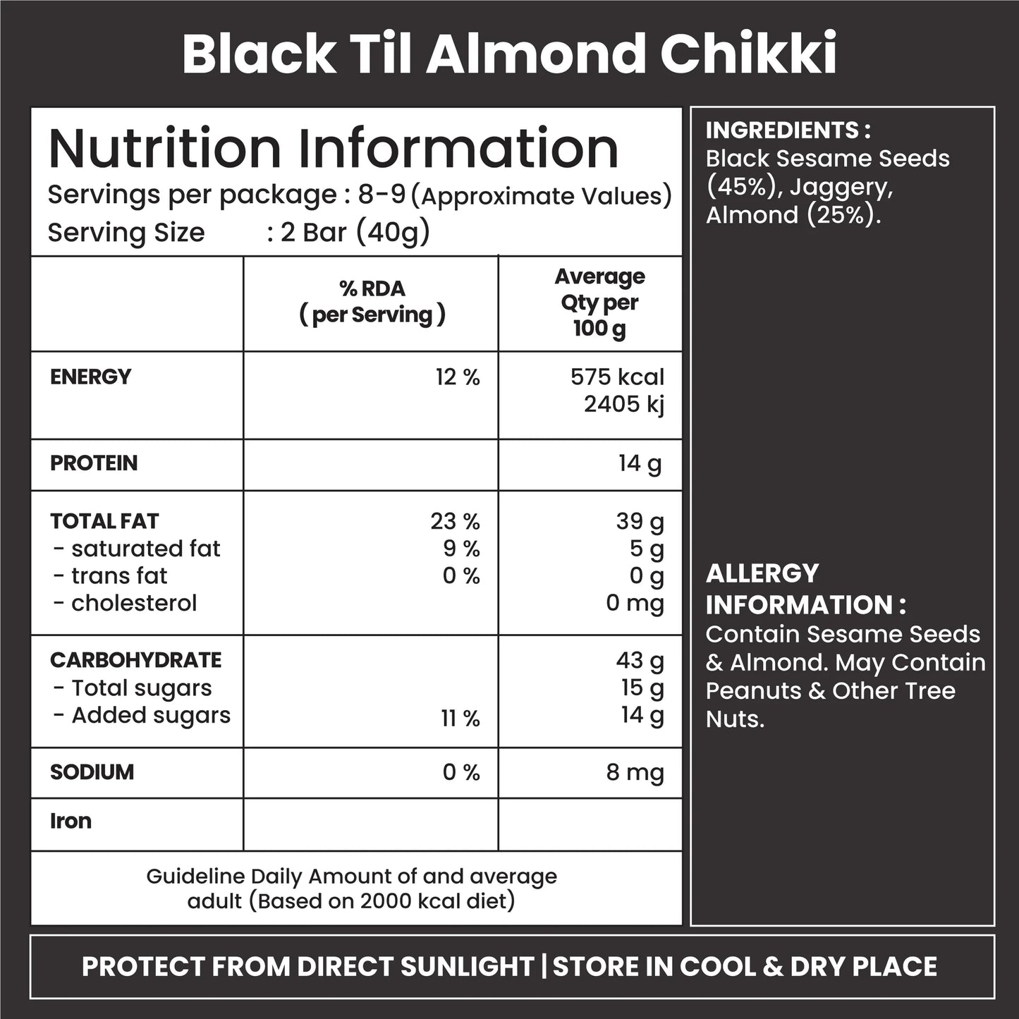 Jabsons Black Til Almond Chikki - 270 Gm (9.52 Oz)