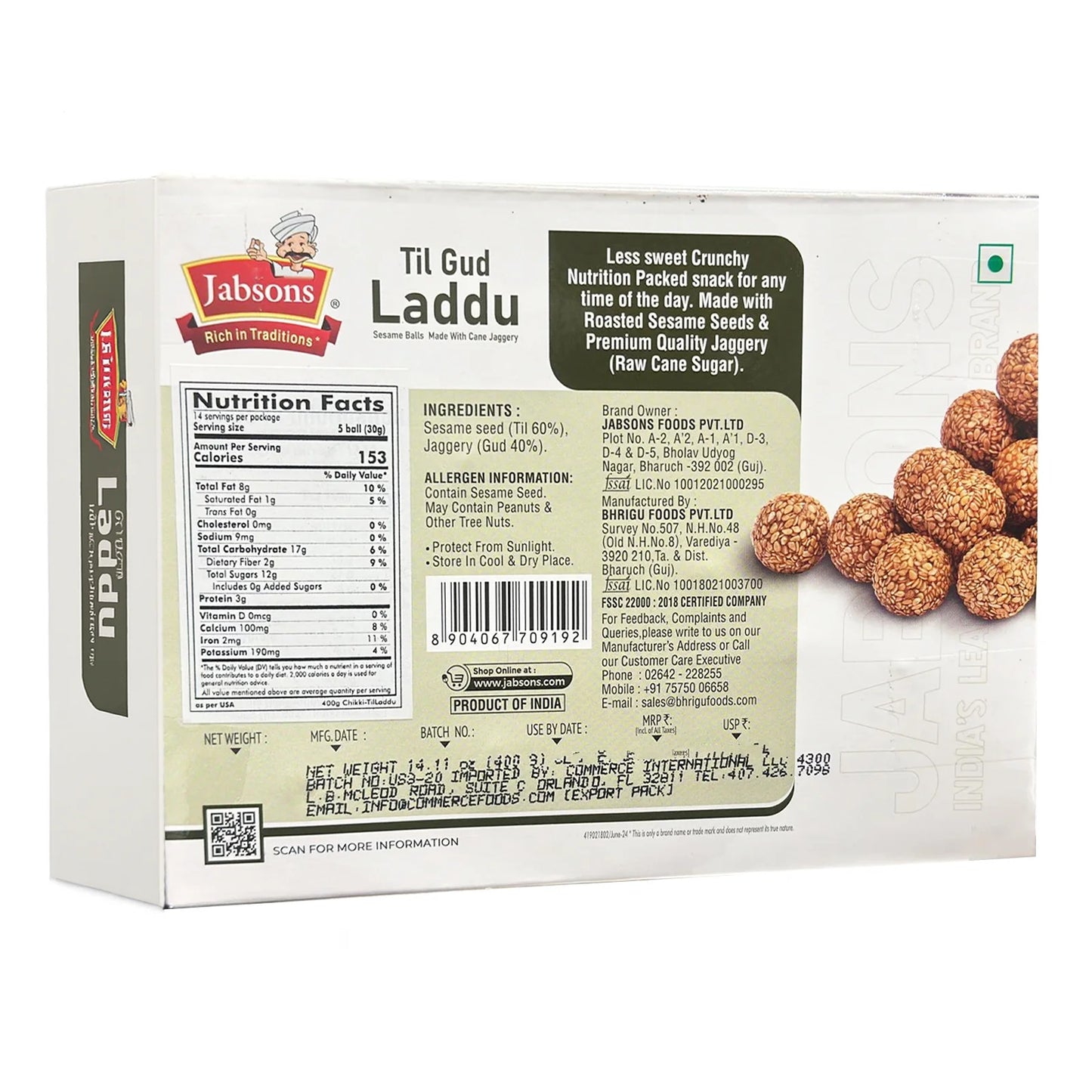 Jabsons Chikki Til Gud Laddu - 400 Gm (14 Oz)