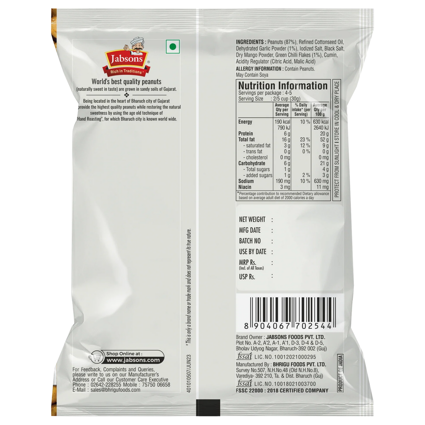 Jabsons Roasted Peanuts Chilli Garlic - 140 Gm