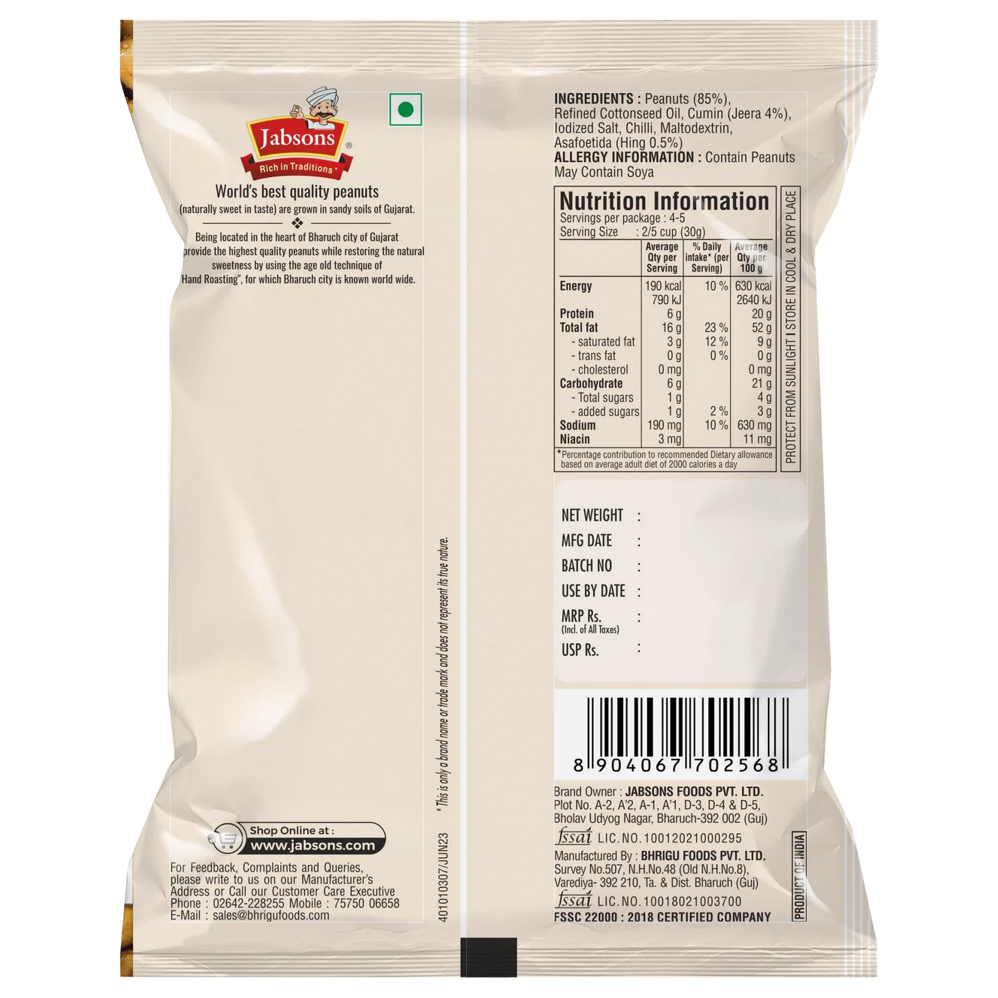 Jabsons Roasted Peanuts Hing Jeera - 140 Gm