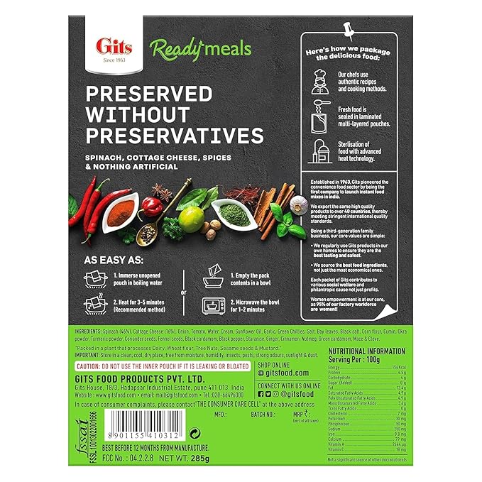 Gits Ready Meals Palak Paneer - 285 Gm (10 Oz)