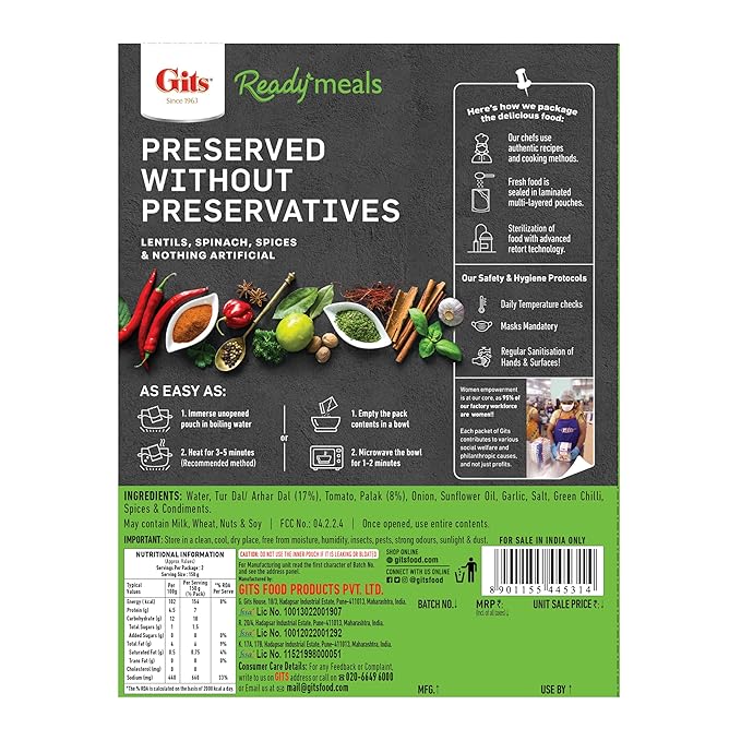 Gits Ready Meals Dal Palak - 300 Gm (10.5 Oz)