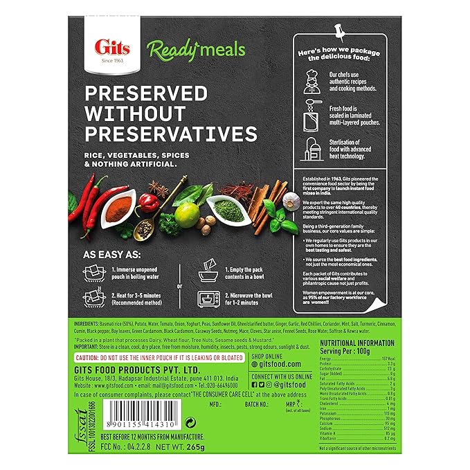 Gits Ready Meals Veg Biryani - 265 Gm (9.3 Oz)