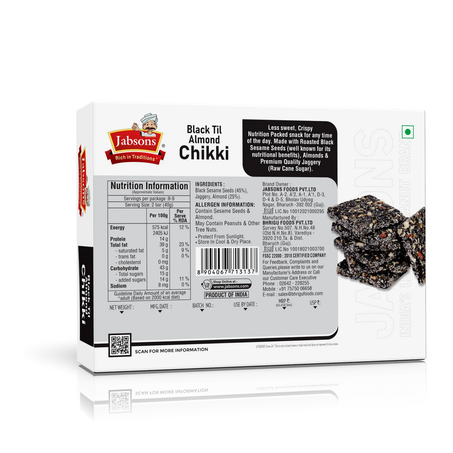 Jabsons Black Til Almond Chikki - 270 Gm (9.52 Oz)