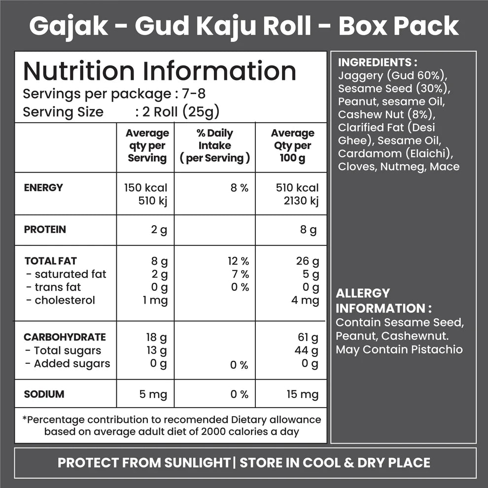 Jabsons Shahi Gajak Gud Kaju Rolls - 350 Gm (12.35