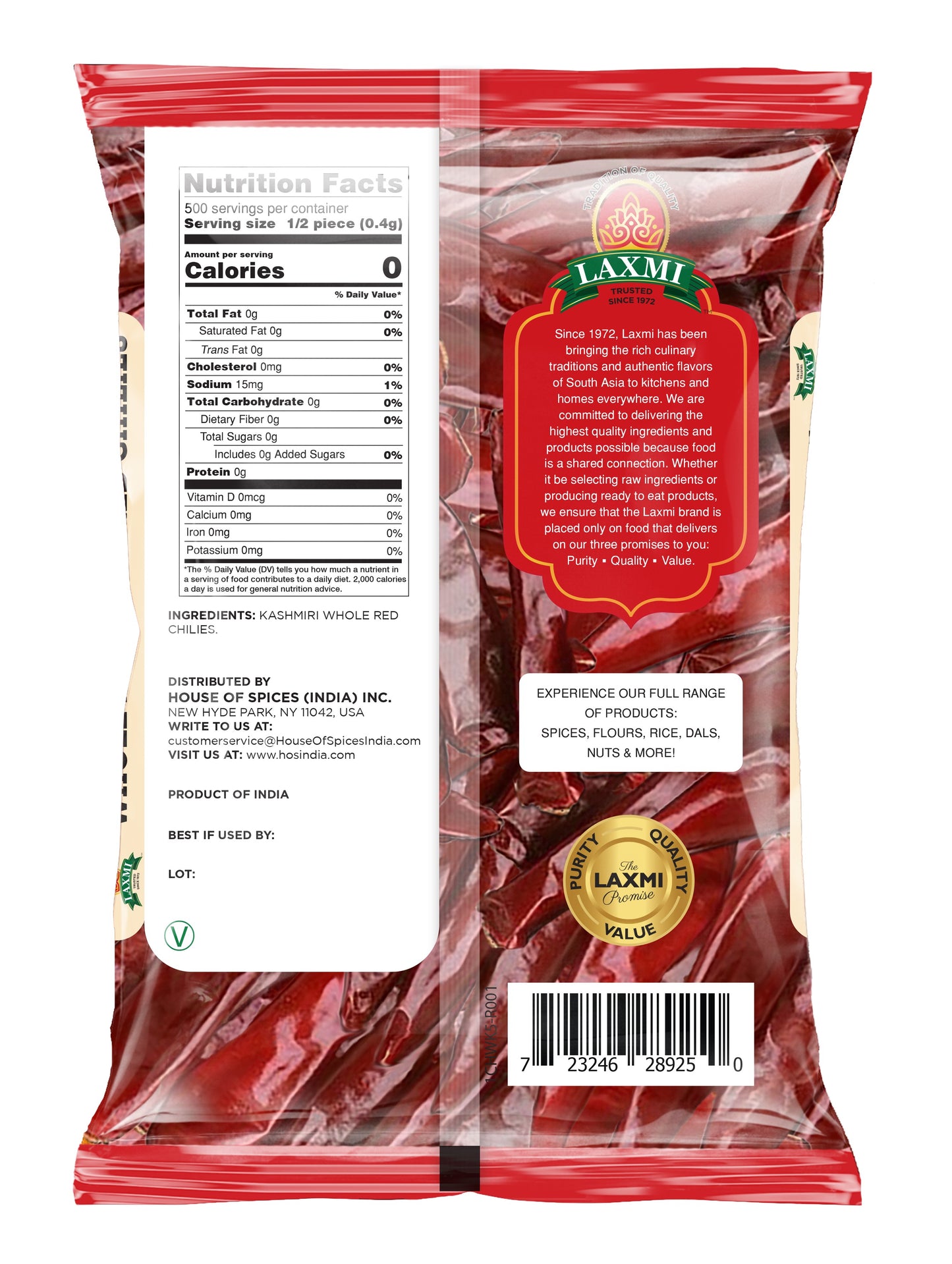 Laxmi Whole Kashmiri Red Chilies - 7 Oz (200 Gm)
