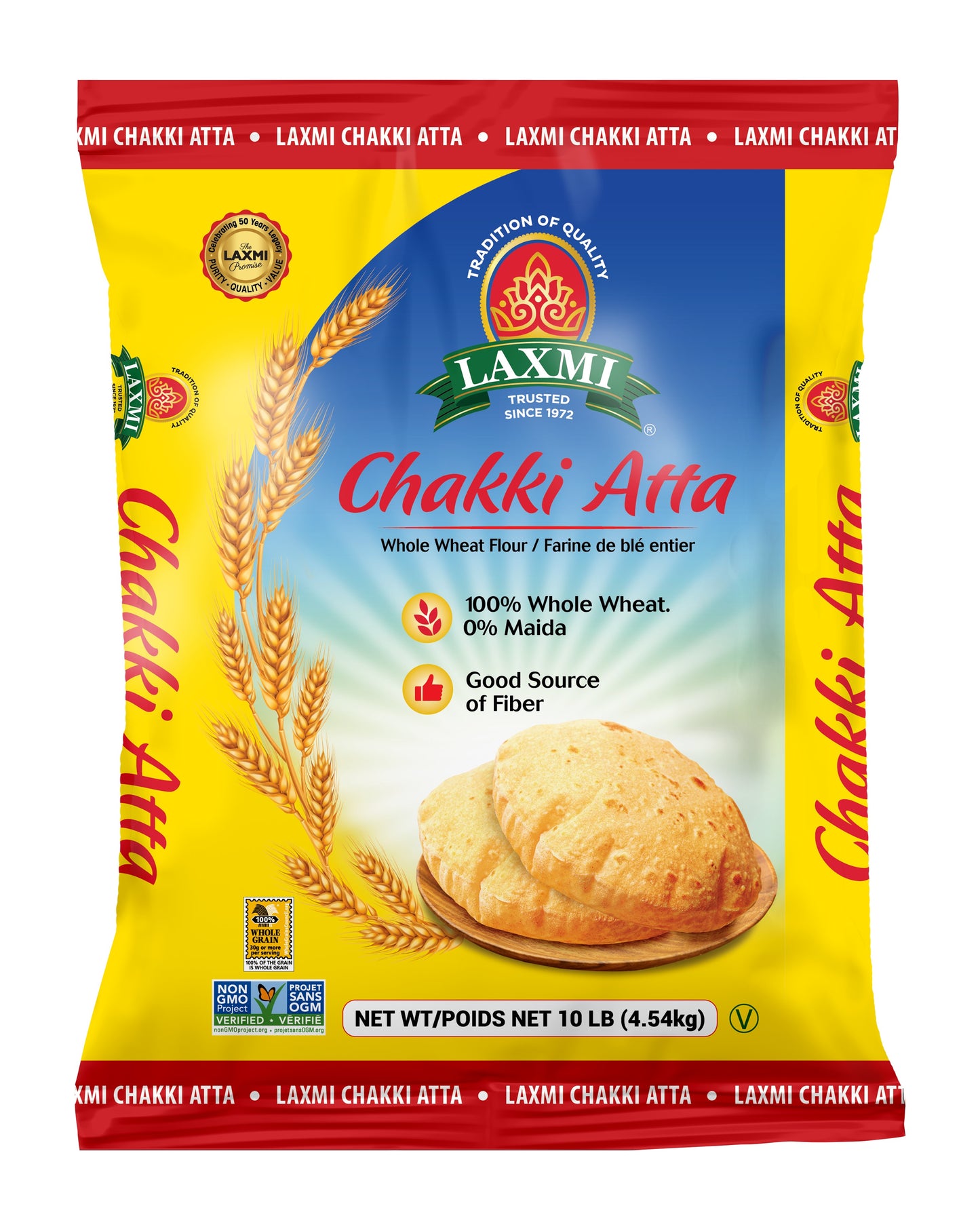 Laxmi Chakki Whole Wheat Flour Atta - 10 Lb (4.5 Kg)