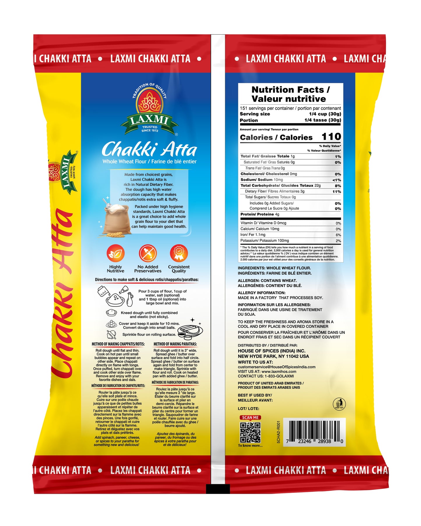 Laxmi Chakki Whole Wheat Flour Atta - 10 Lb (4.5 Kg)